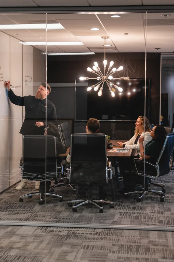 A&H Branded Merchandise team having a whiteboard session in conference room